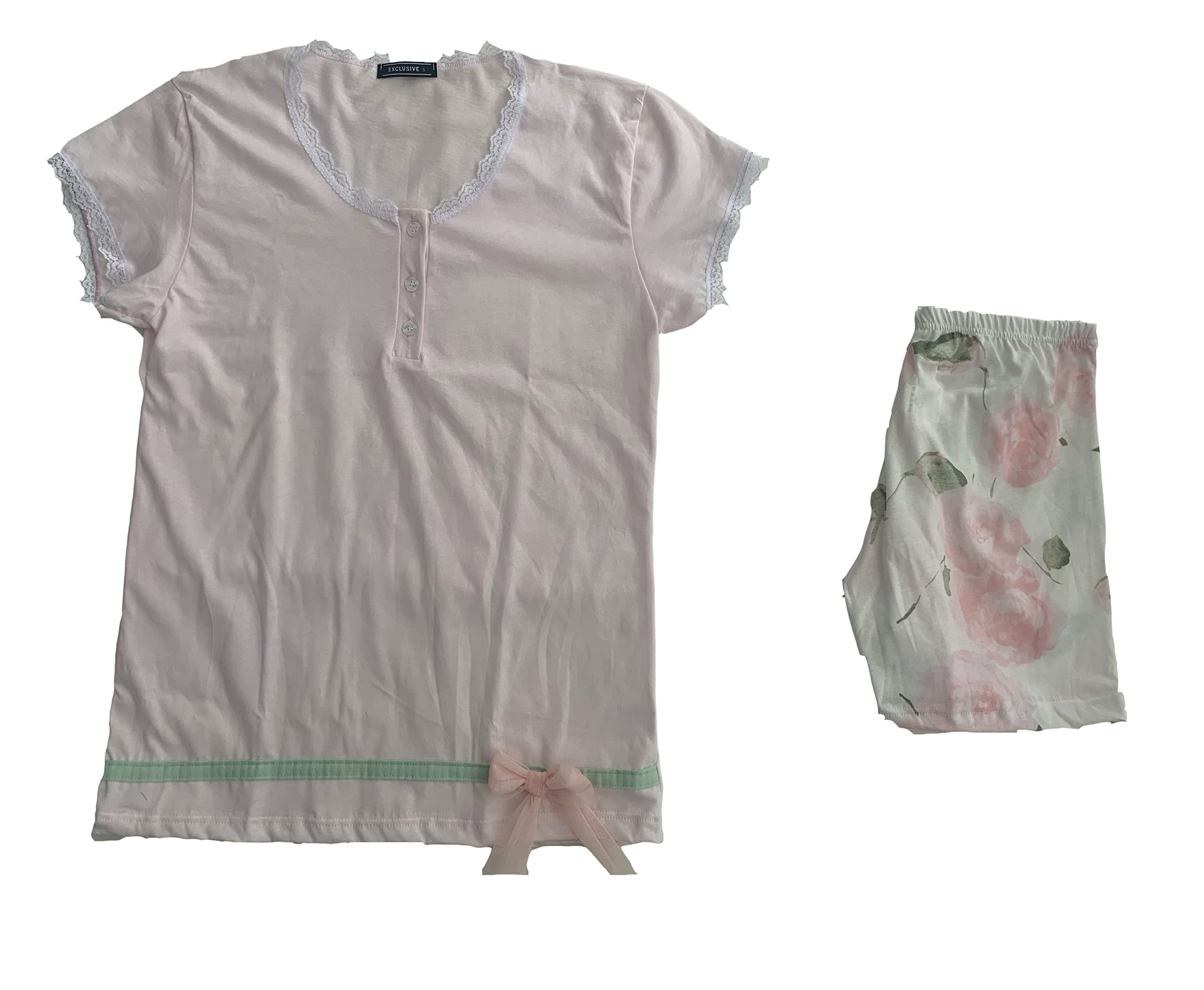 Generic Pigiama serafino da donna lungo due pezzi e corto due pezzi in cotone con ricami in pizzo Art. P1437 - P1439 varie taglie e colori - Exclusive - Home Shopping Italia 